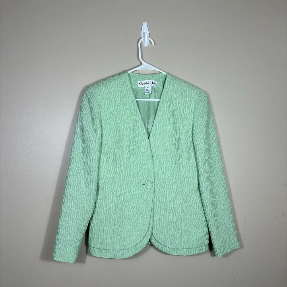 Vintage Christian Dior Blazer Jacket Wmns 8 Made In USA Silk Trim Mint Green 80s